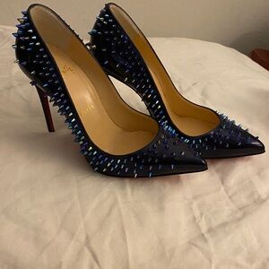 Christian Louboutin Navy Blue Spike-Embellished Pointed-Toe Stilettos 36.5